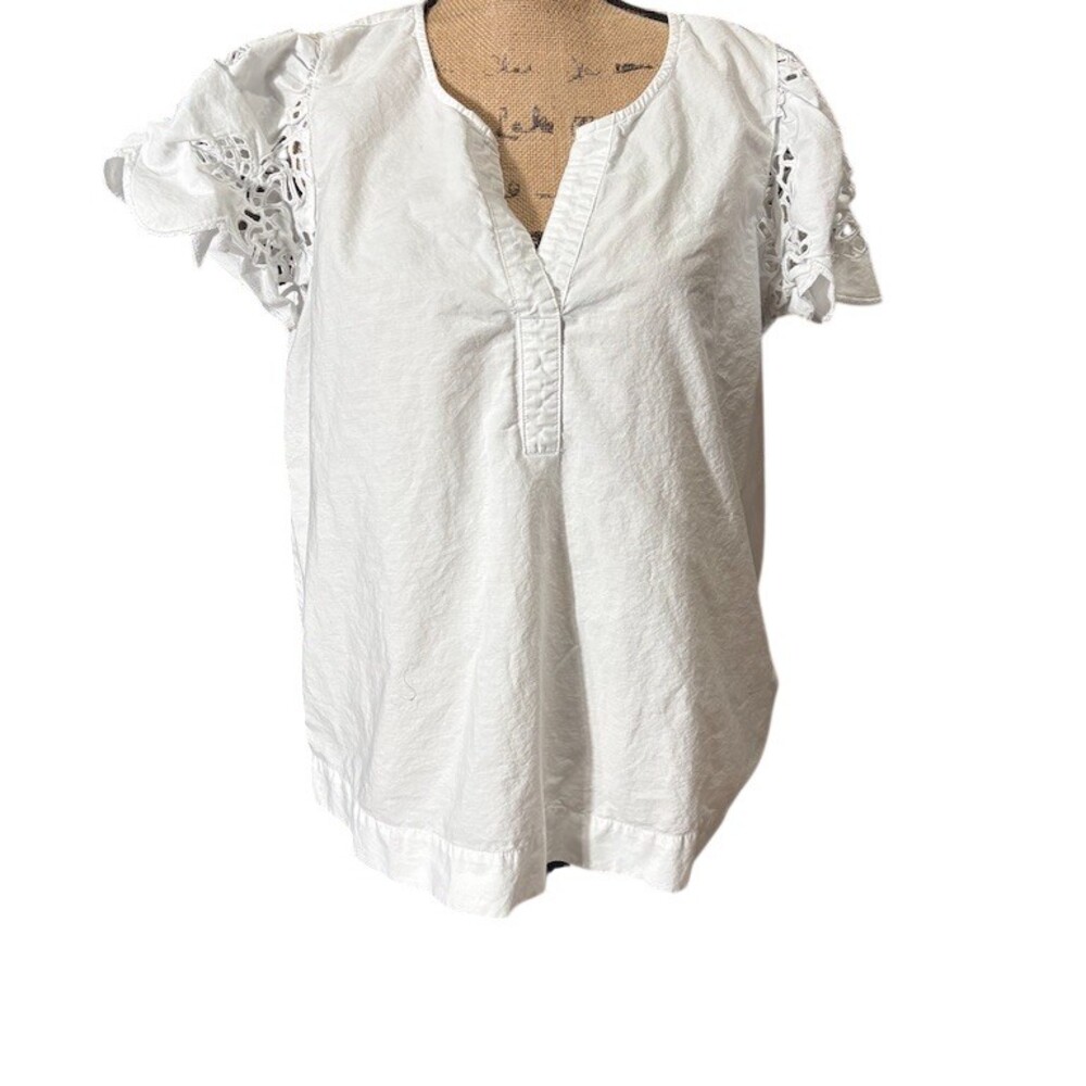 Crown & Ivy Womens Blouse Size L White Flutter Eyelet Lace Split Neck - Picture 1 of 8